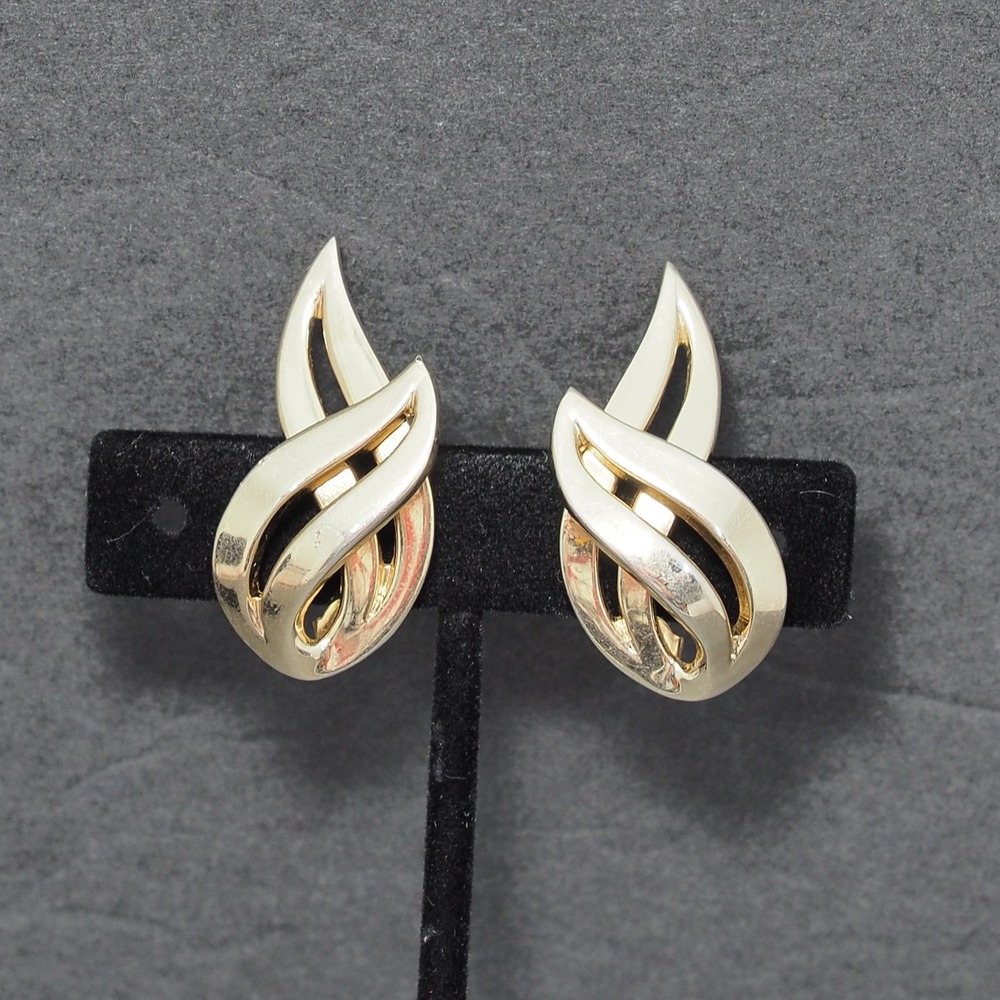 Monet Earrings Clip On Flame Swirl Gold Tone Openwork Vintage Statement Large